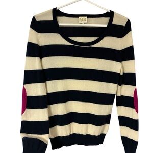 100 % Cashmere Boo Gemes Navy & Cream Stripper Sweater w/ Pink Patches -S